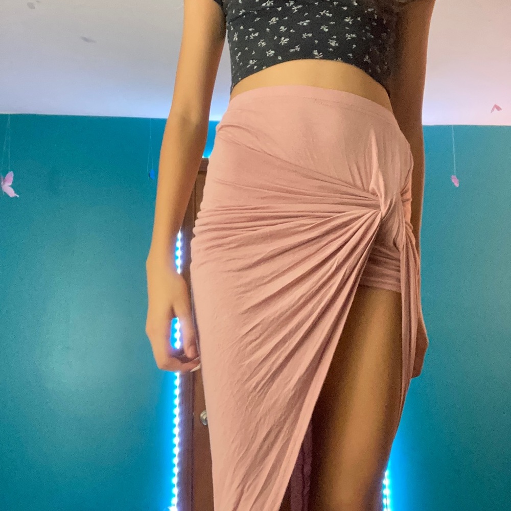 High waisted long pastel pink skirt